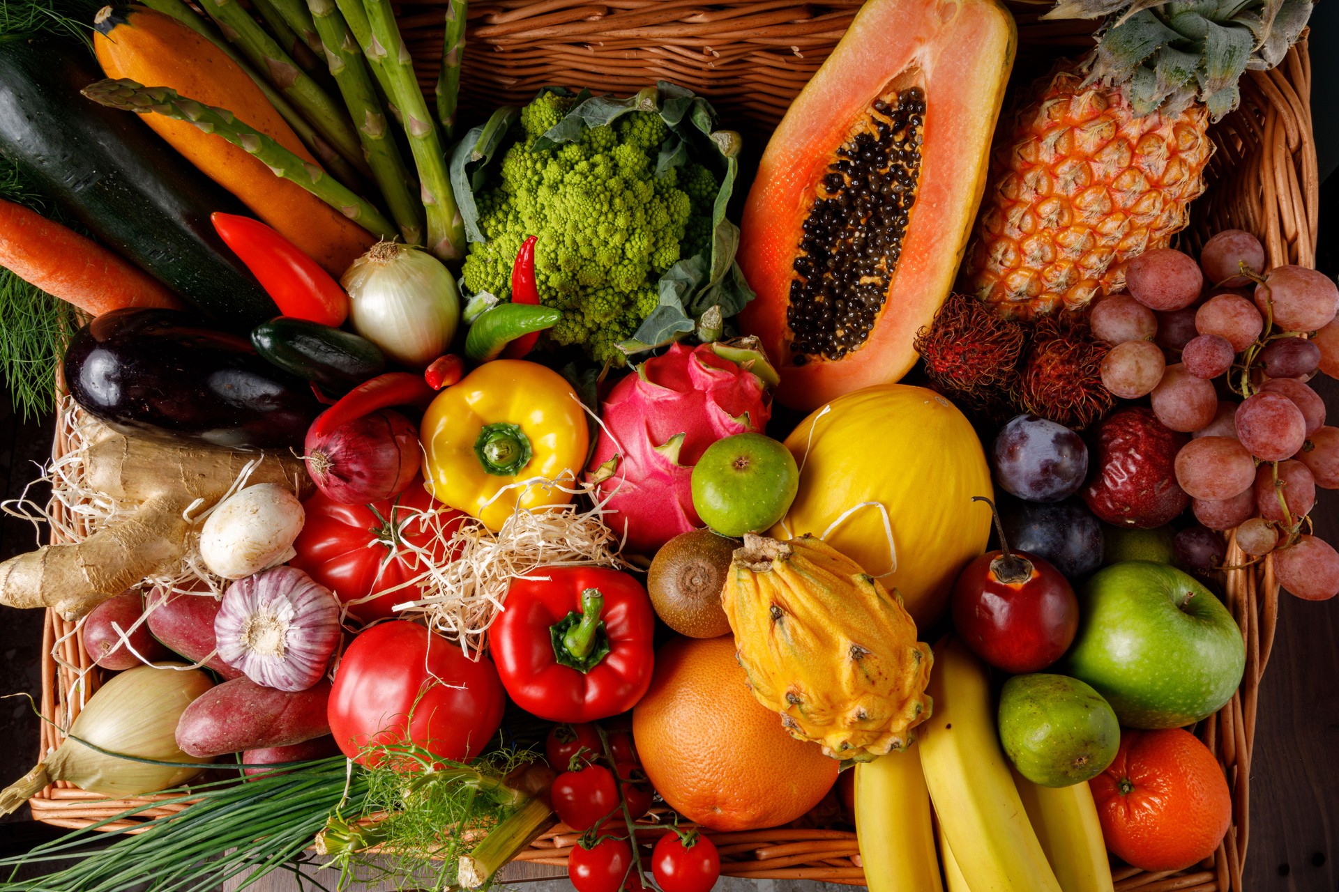 A Colorful and Vibrant Assortment of Fresh Fruits and Vegetables in a Beautiful Basket